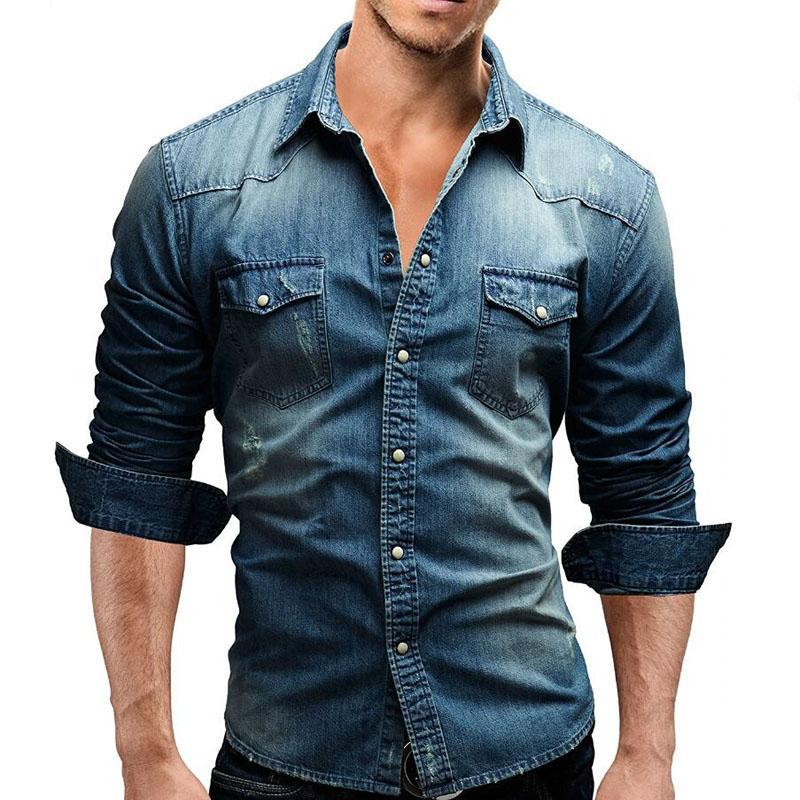 Men Shirt Brand Male Long Sleeve Shirts Casual Solid Slim Fit Blue