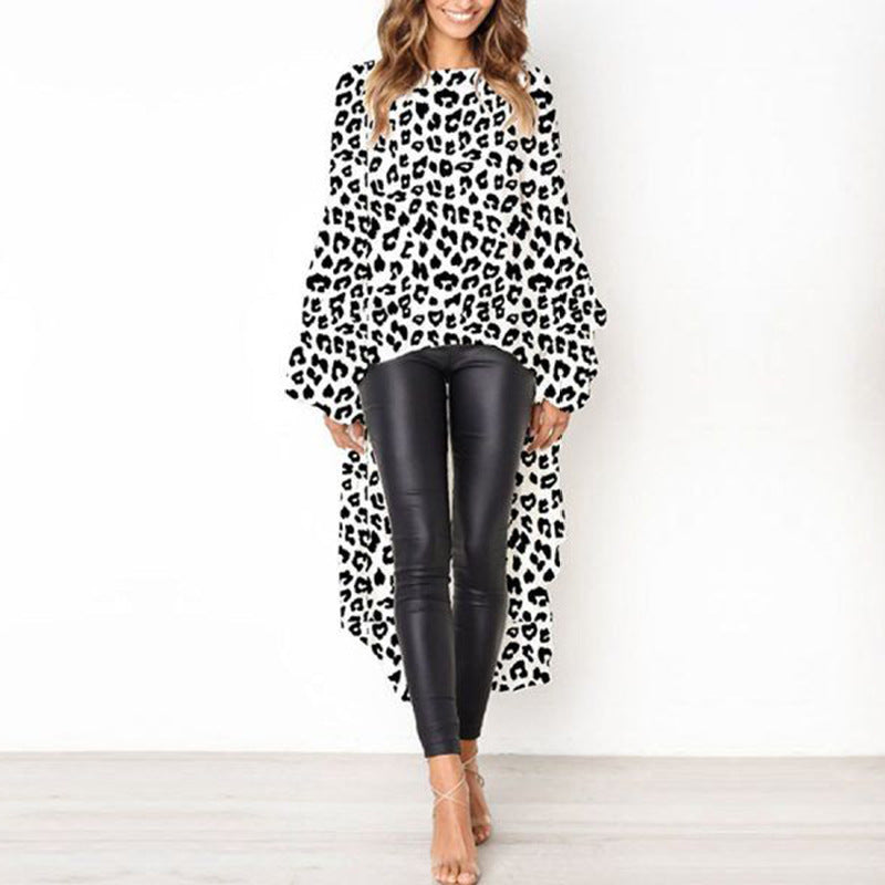 Long Sleeve Irregular Female Leopard-print Shirt White