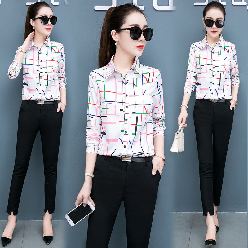 Printed shirt women long-sleeved chiffon shirt top women