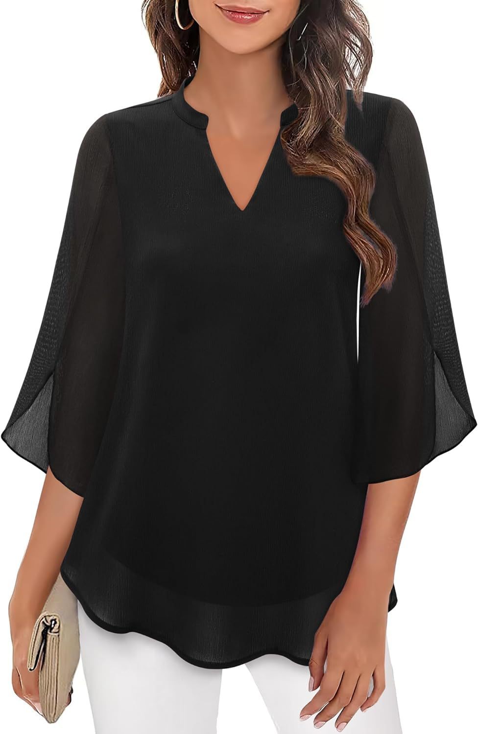 Women's Petal Sleeve Top Loose V-neck Chiffon Shirt Black