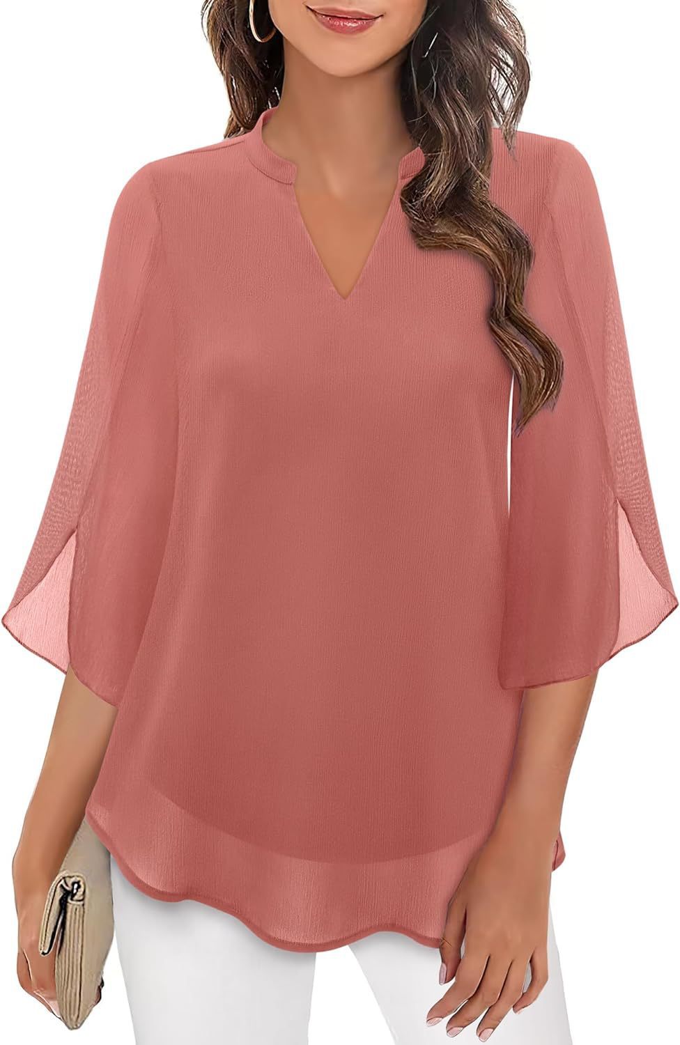 Women's Petal Sleeve Top Loose V-neck Chiffon Shirt Peach