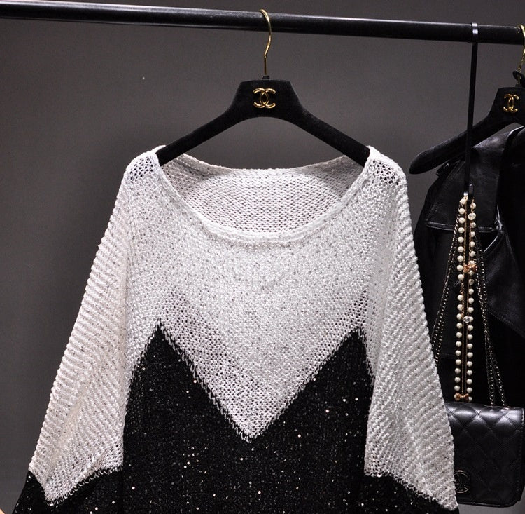 Sequined Pullover Loose Cape Batwing Shirt Hollow Round Neck Sweater BlackWhite Free Size