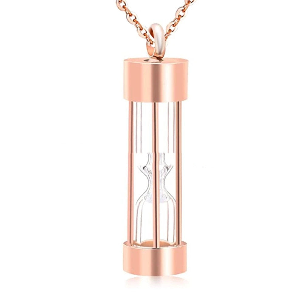 Stainless Steel Glass Hourglass Perfume Bottle Urn Pendant Rose Gold