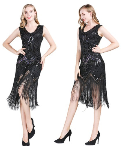 Vintage Sequined Fringe Dress Party Dance Dress Black