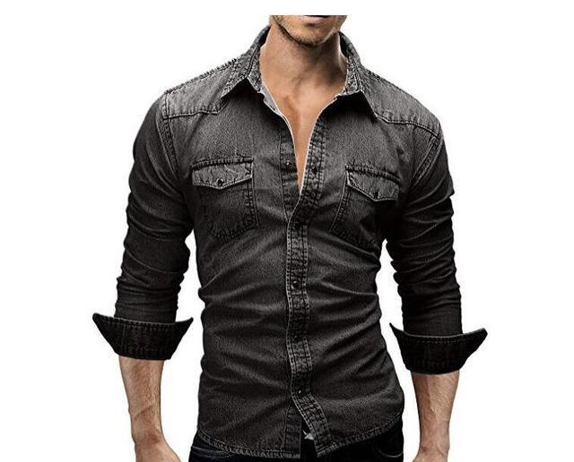 Men Shirt Brand Male Long Sleeve Shirts Casual Solid Slim Fit Dark Gray