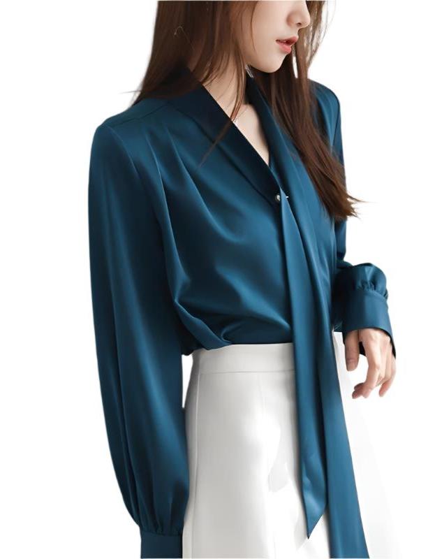 Satin Tie-neck Long Sleeve Shirt Simple All-match Tops Peacock Blue