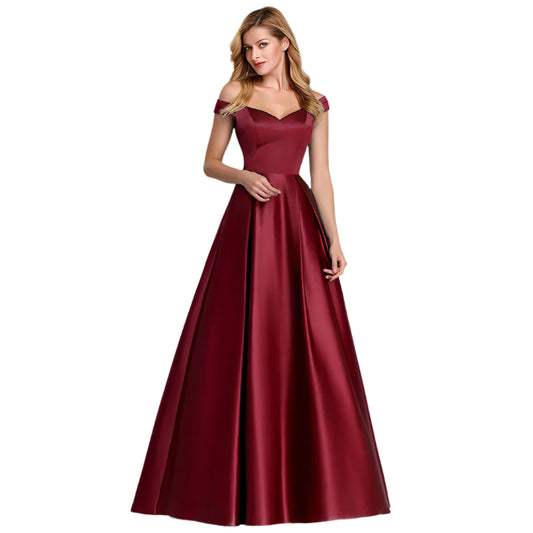 V-Neck Solid Color Long Vintage Gown Dress Red