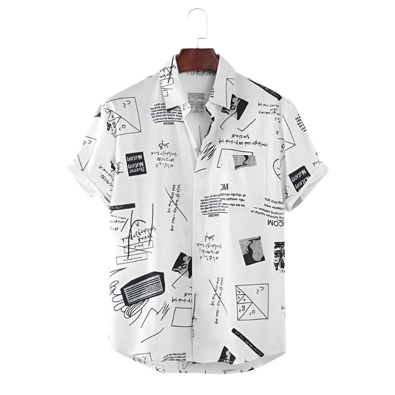 Cross-Border New Men's Casual Shirts Graffiti Fashion Printed Short-Sleeved Shirts Men's Lapel Shirts White