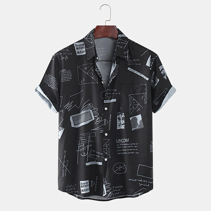 Cross-Border New Men's Casual Shirts Graffiti Fashion Printed Short-Sleeved Shirts Men's Lapel Shirts Black