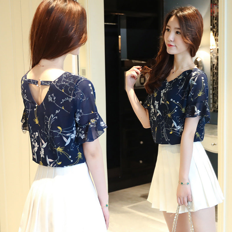 New Summer Women Shirts Short Sleeves Chiffon Blue