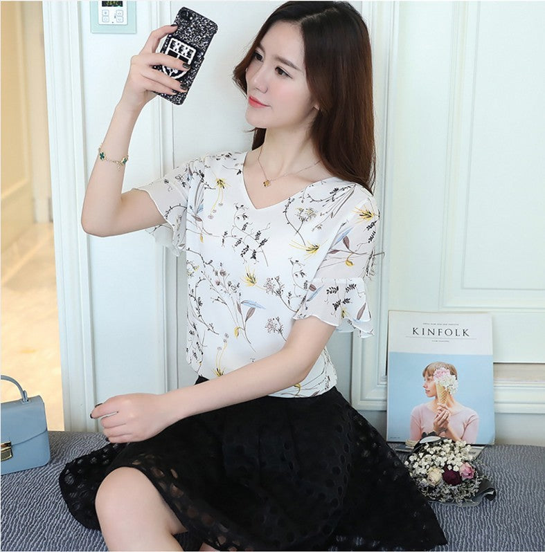 New Summer Women Shirts Short Sleeves Chiffon White