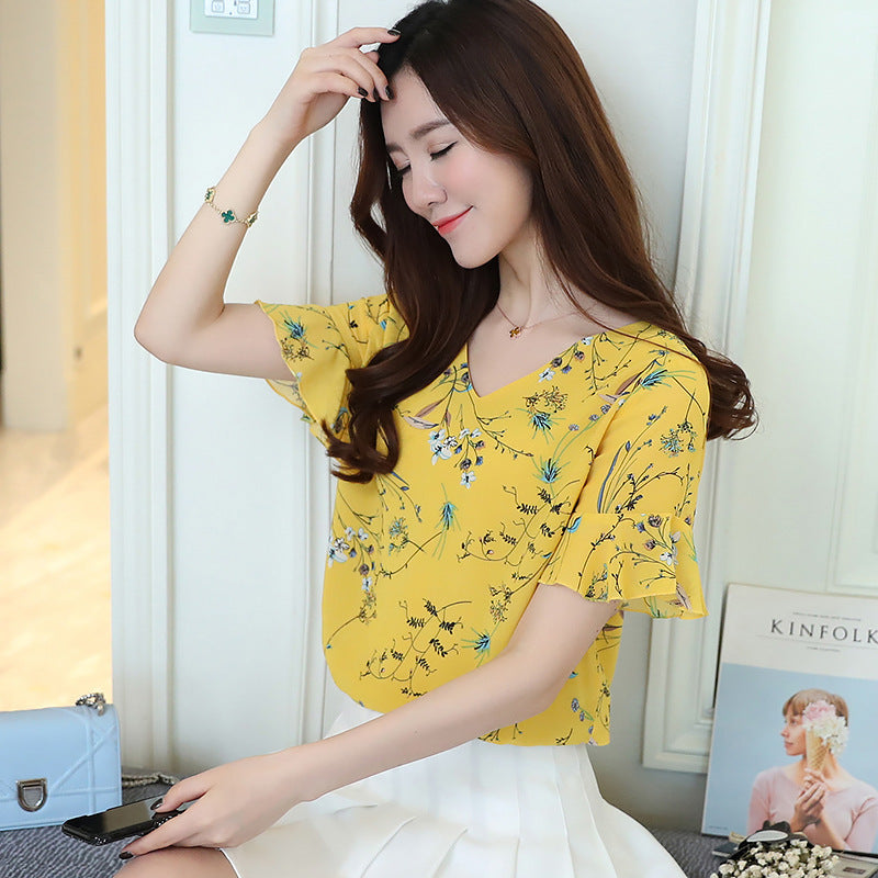 New Summer Women Shirts Short Sleeves Chiffon Yellow