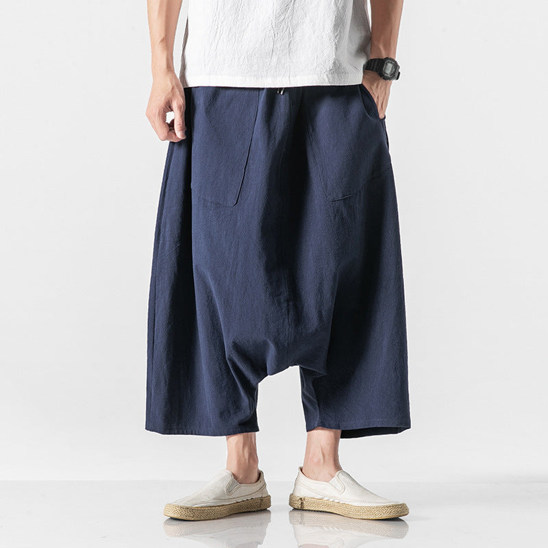 Men's Cotton And Linen Casual Pants Navy Blue