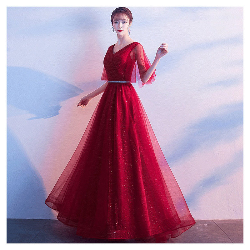 Beauty-Emily Tulle V Neck Ruffle Evening Dresses Long A-line Crystal Formal Dress Party Prom Gowns Lace Up Back Vestido de noche Wine Red