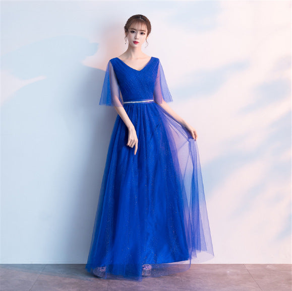 Beauty-Emily Tulle V Neck Ruffle Evening Dresses Long A-line Crystal Formal Dress Party Prom Gowns Lace Up Back Vestido de noche Royal Blues