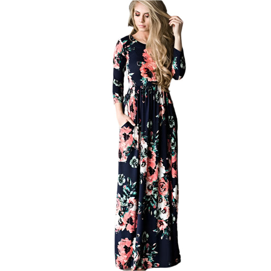 Fashion Dresses Women Printed Party Gown Ladies Navy