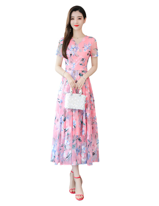 Floral Long Skirt Plus Size Women's Printed Dress Pink