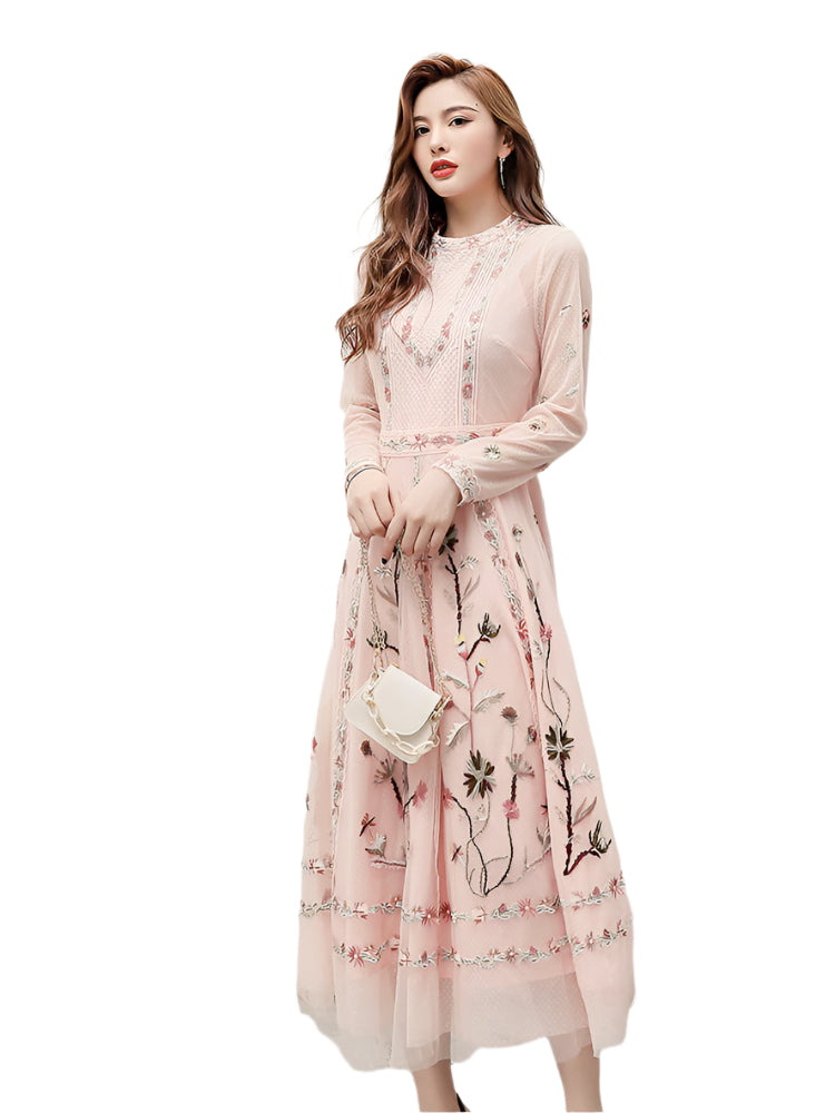 Temperament Skirt Heavy Embroidered Thin Dress Pink