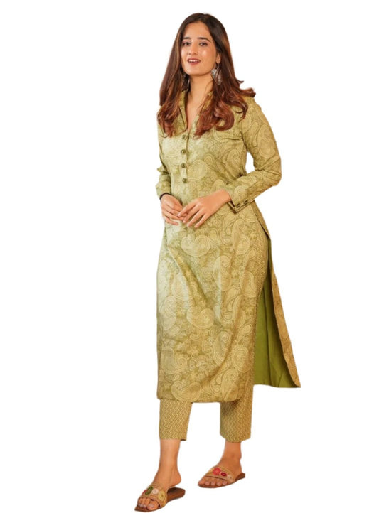 Casual Wear Printed Kurti With Bottom For Women's Light Green