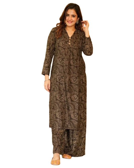 Casual Wear Printed Kurti With Bottom For Women's Brown