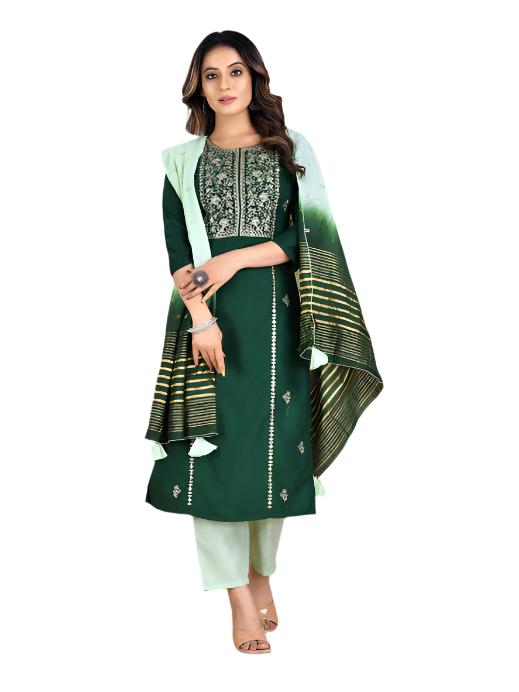 Green Party Wear Embroidery Worked Kurta With Pant And Duppata Set