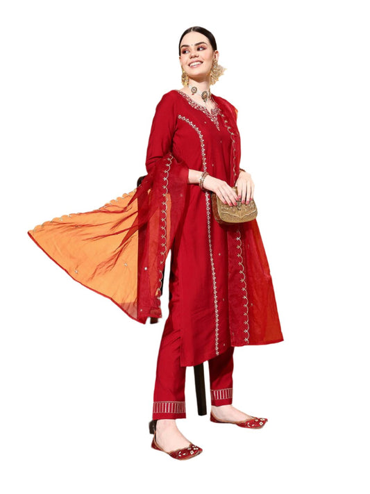 Red Party Wear Embroidery Worked Kurta With Pant And Duppata Set