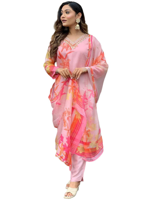 Pink Party Wear Embroidery Worked Kurta With Pant And Duppata Set