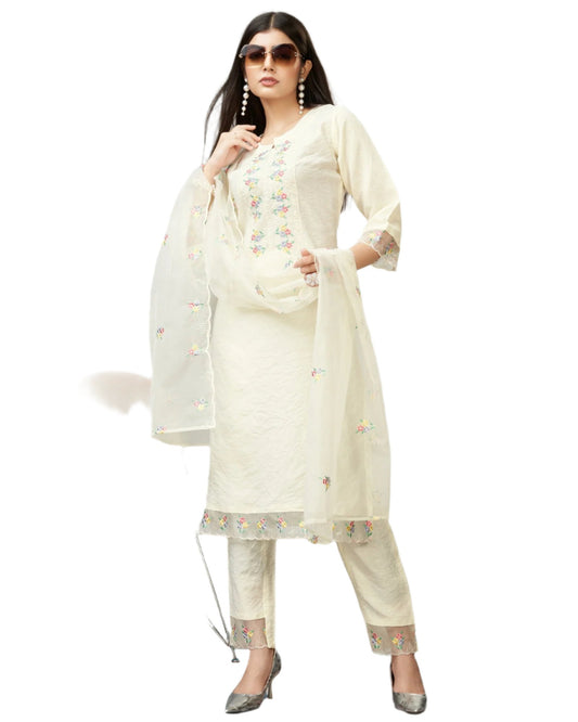 Off White Party Wear Embroidery Worked Kurta With Pant And Duppata Set