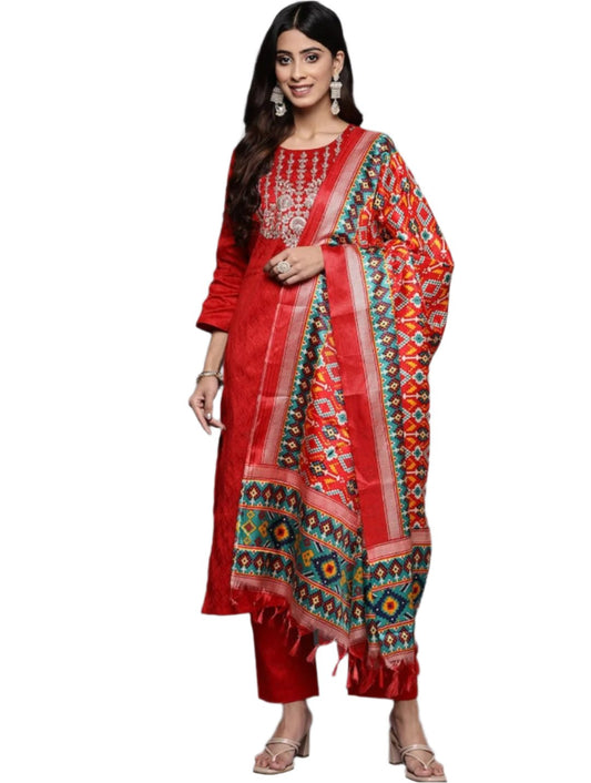 Red Party Wear Embroidery Worked Kurta With Pant And Duppata Set Red