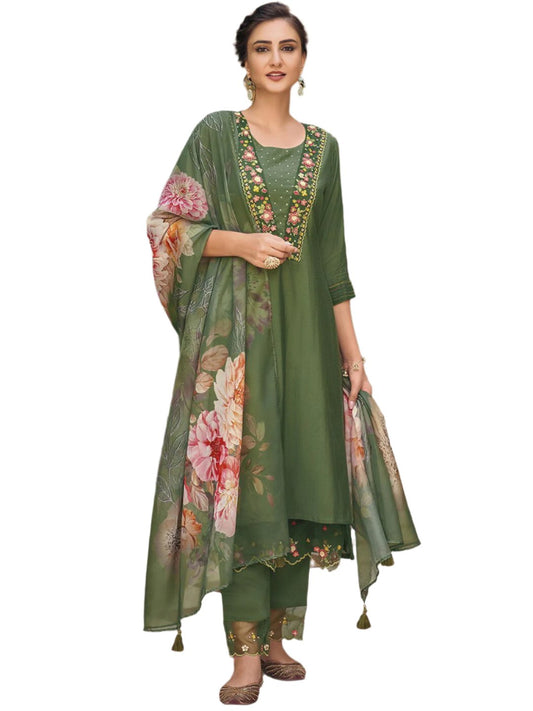 Green Party Wear Embroidery Worked Kurta With Pant And Duppata Set