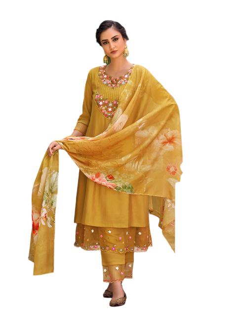 Mustard Party Wear Embroidery Worked Kurta With Pant And Duppata Set