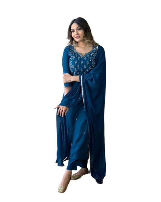 Blue Party Wear Embroidery Worked Kurta With Pant And Duppata Set