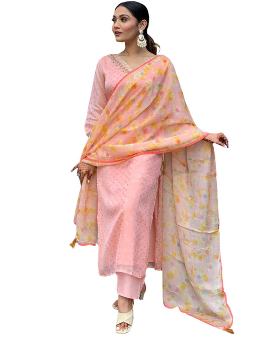 Peach Party Wear Embroidery Worked Kurta With Pant And Duppata Set Peach Rayon