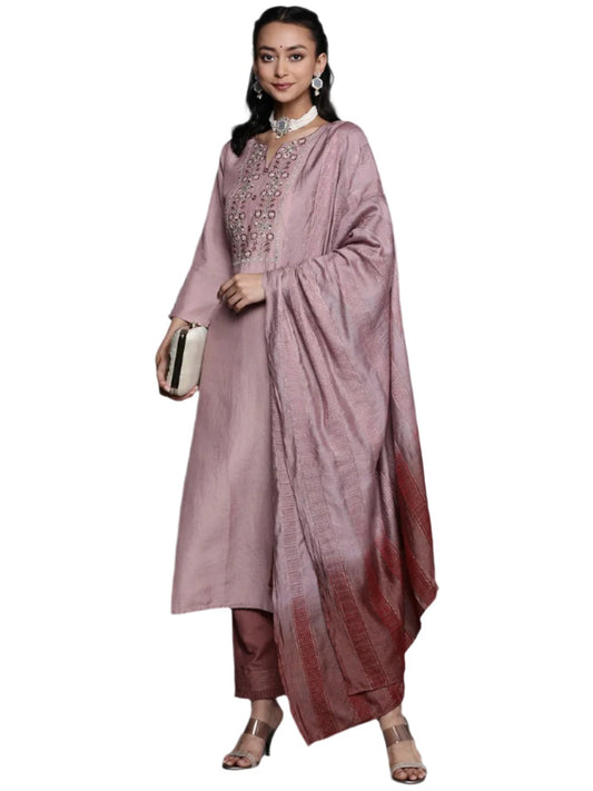 Purple Party Wear Embroidery Worked Kurta With Pant And Duppata Set