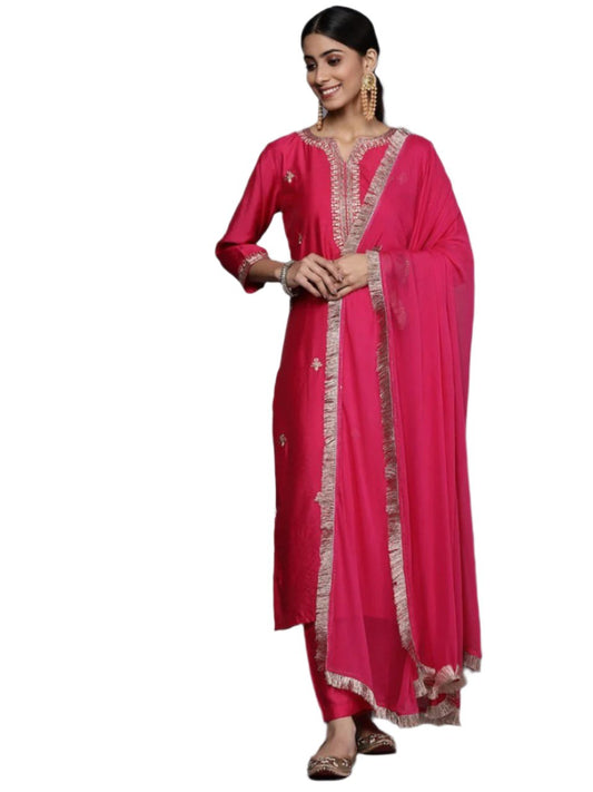 Red Party Wear Embroidery Worked Kurta With Pant And Duppata Set