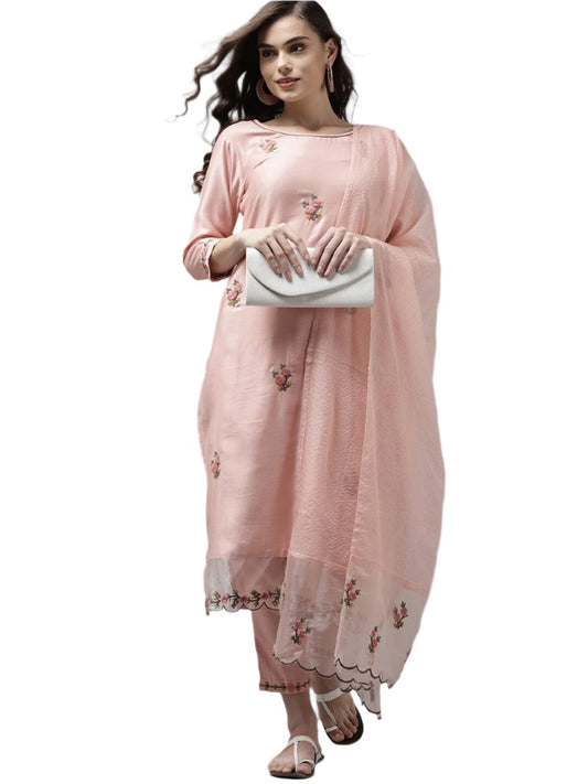 Peach Party Wear Embroidery Worked Kurta With Pant And Duppata Set