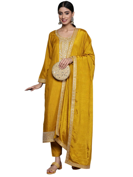 Yellow Party Wear Embroidery Worked Kurta With Pant And Duppata Set