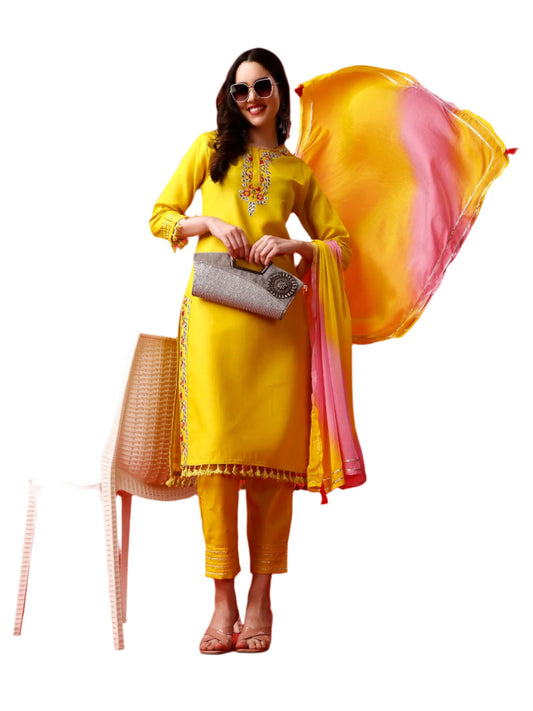 Yellow Party Wear Embroidery Worked Kurta With Pant And Duppata Set Yellow