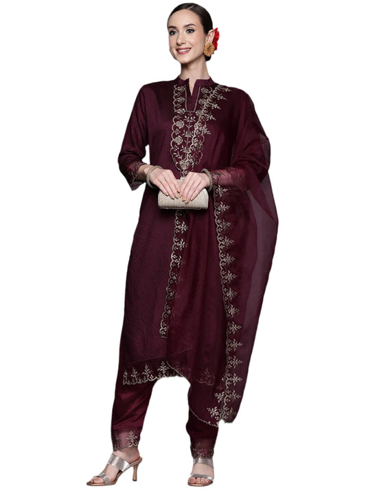 Wine Party Wear Embroidery Worked Kurta With Pant And Duppata Set Wine