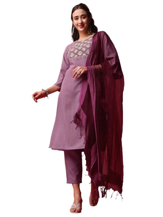 Purple Party Wear Embroidery Worked Kurta With Pant And Duppata Set Purple