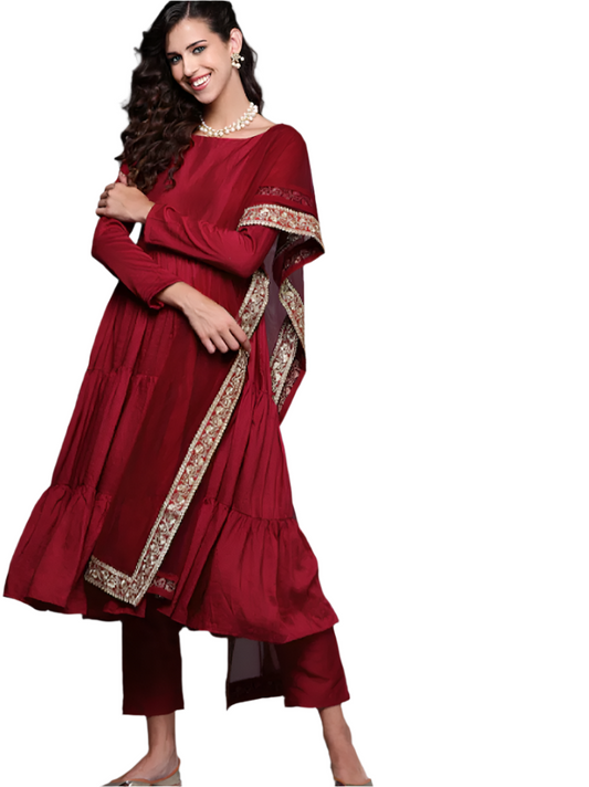 Red Party Wear Embroidery Worked Kurta With Pant And Duppata Set Red