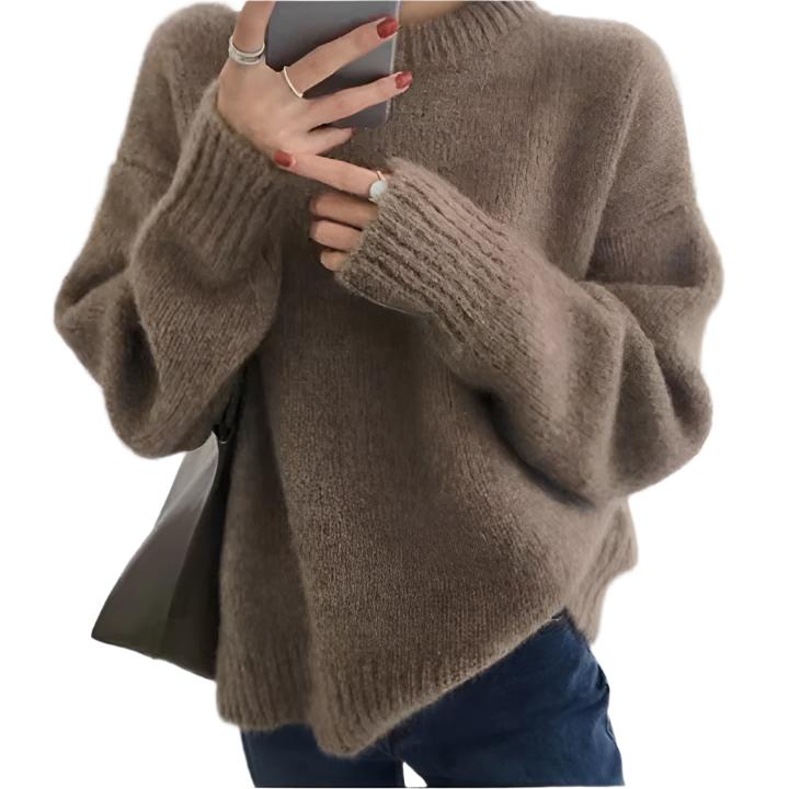 Women's Round Neck Loose And Idle Solid Color Sweater Camel Wool