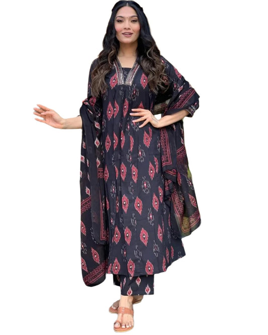 Black Cotton Faired Kurta Set with Bottom Wear and Dupatta set Black Cotton