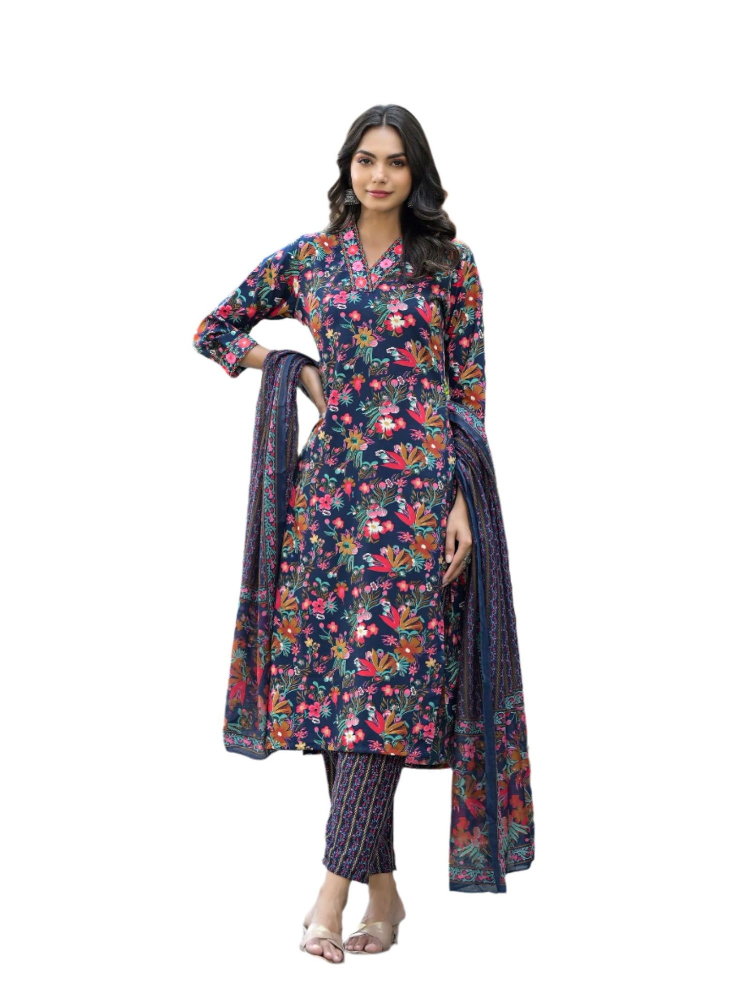 Floral Printed Rayon Suit with Bottom & Dupatta Navy Blue Rayon