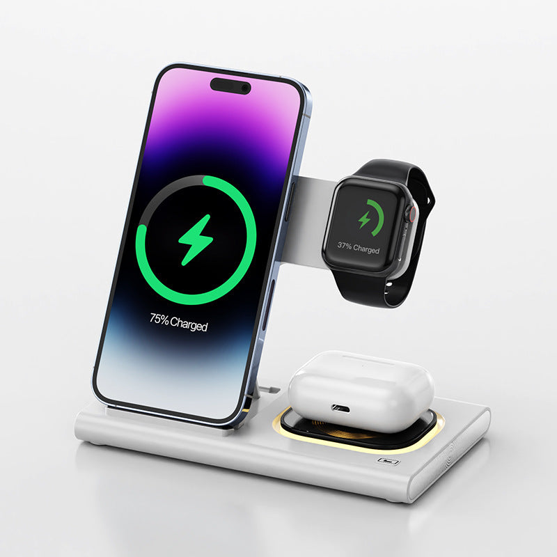 3 IN 1 15W Wireless Charging Charger Magnetic Desktop Night Light/watch Fast Charging Stand White