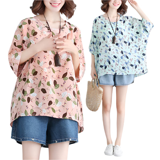 Women's loose chiffon printed bat short-sleeved T-shirt women