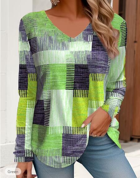 Long Sleeve 3D Digital Printing Geometric Pattern Casual V-neck Loose Holiday T-shirt For Women Green