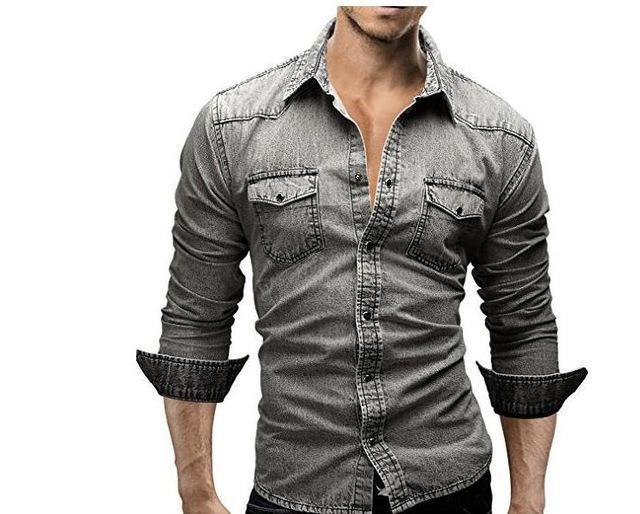 Men Shirt Brand Male Long Sleeve Shirts Casual Solid Slim Fit Light Gray