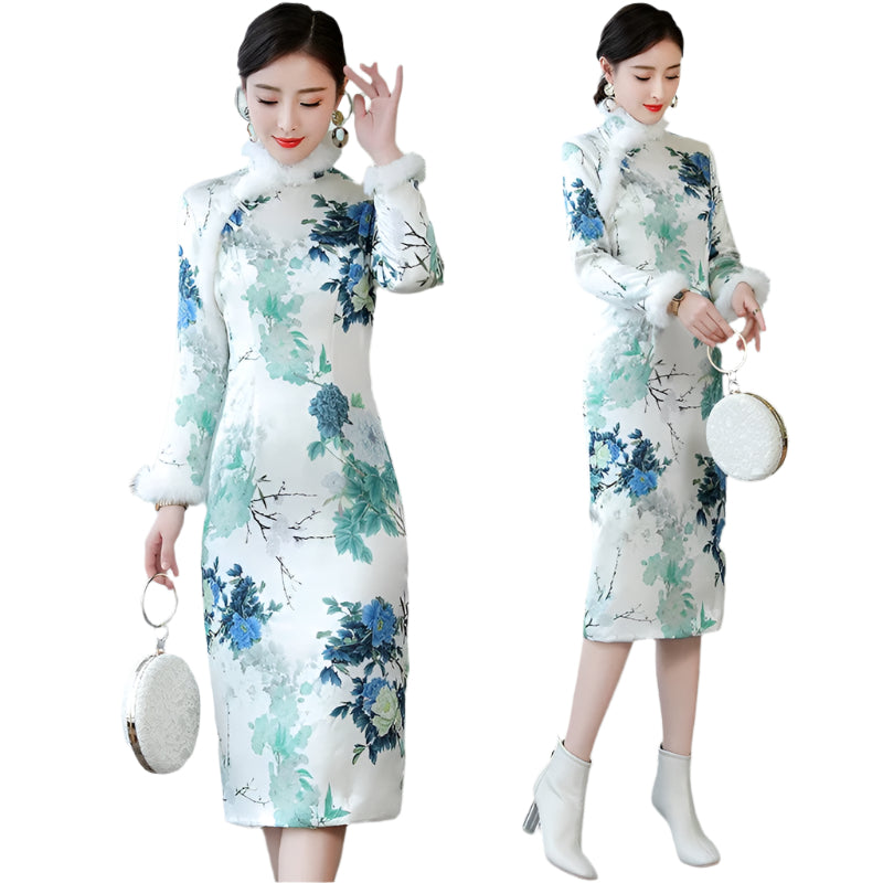 Thickened warm vintage MIDI dresses White