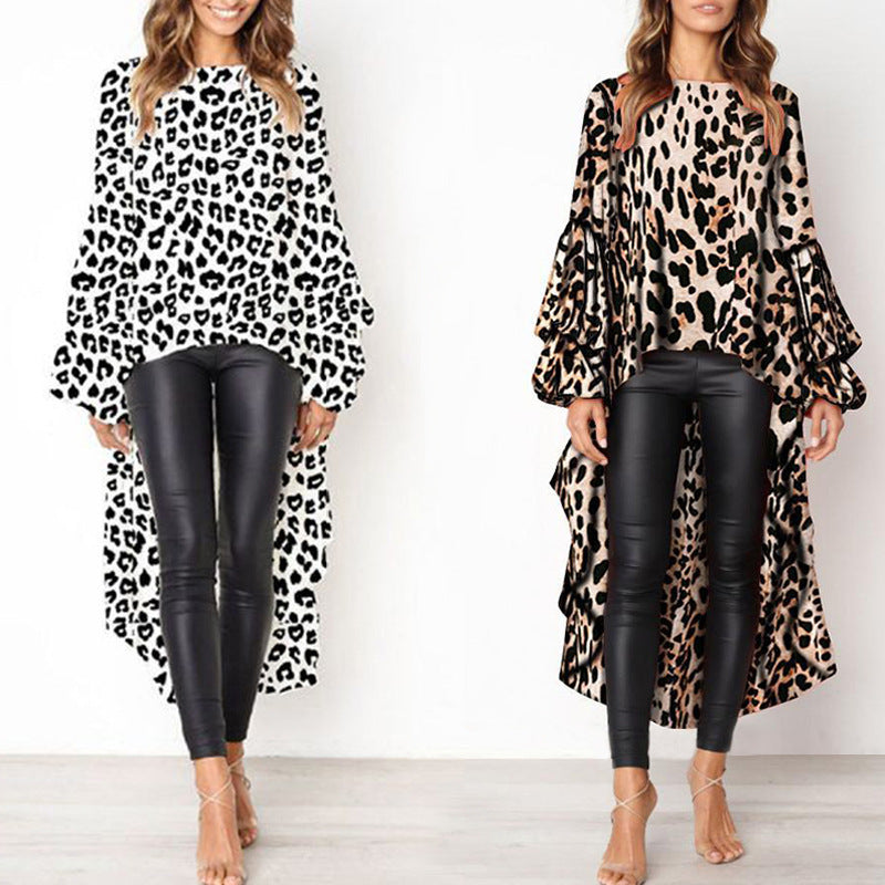 Long Sleeve Irregular Female Leopard-print Shirt